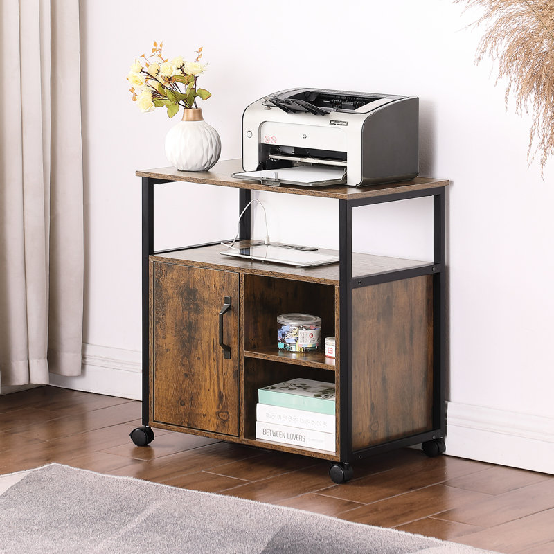 Support d'imprimante de bureau et classeur avec prise de courant, espaces de rangement pour les lettres A4, côtés en métal, installation simple, ports de recharge pour agencement de couleurs rustiques, compartiments, structure latérale, rapide