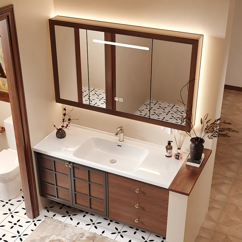Meuble-lavabo mural en bois d'hévéa massif 39,76 po avec miroir, 40"