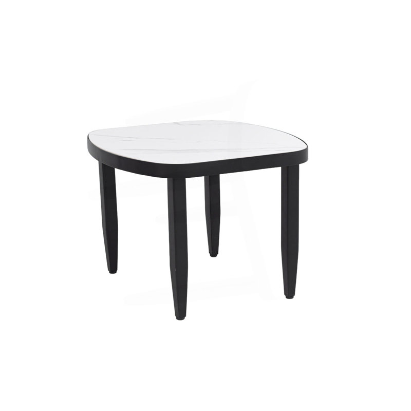 Modern Outdoor Elegance Arc 23.6''Side Table With Greek White Marble-Inspired Sintered Stone Top/ Aluminum Frame/ Post Tapered Legs & Rounded Corners/Weatherproof & Rust-Free