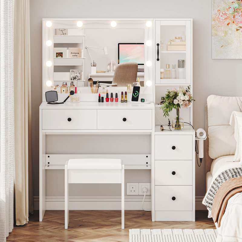 35" White Vanity Set with Vanity Chair, 3-Color Dimmable Mirror & Charging Station, Modern Bedroom Makeup Table with Drawers and Side Cabinet