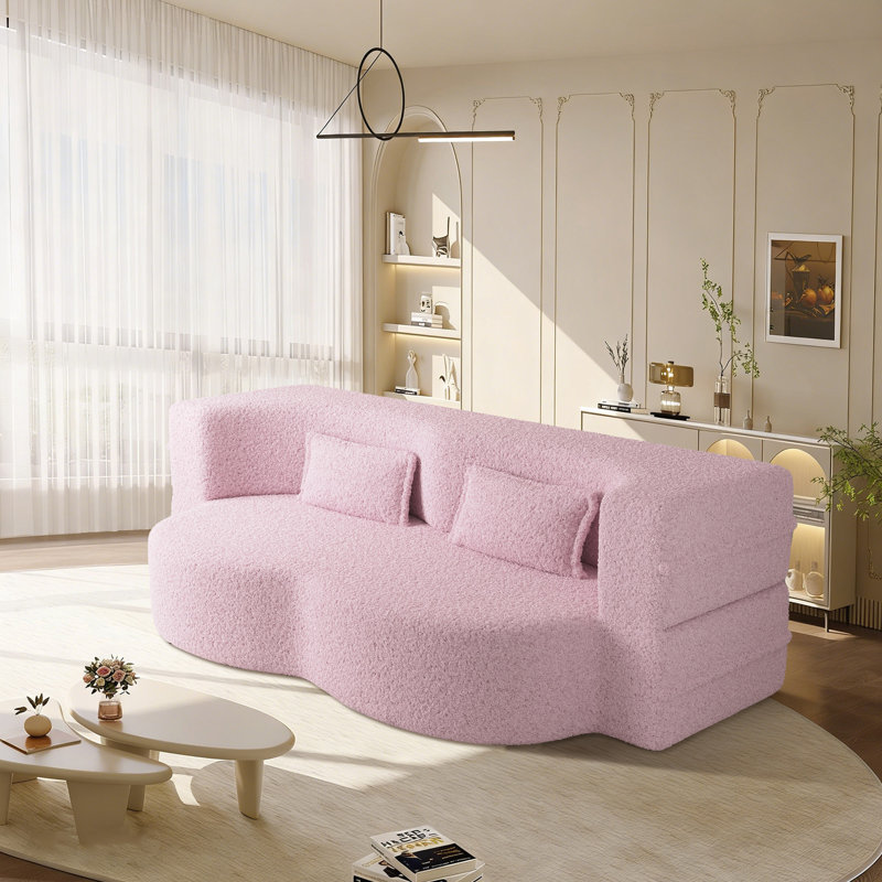 Evren Boneless Modern Minimalist Compression Convertible Floor Sofa Bed with Pillows, Teddy Baby Pink, 30" H x 78" W x 45" D