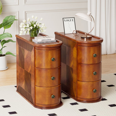 Solid Wood Narrow End Table With 3 Drawers Set of 2, Fully Assembled Side Table Living Room, Golden Brown