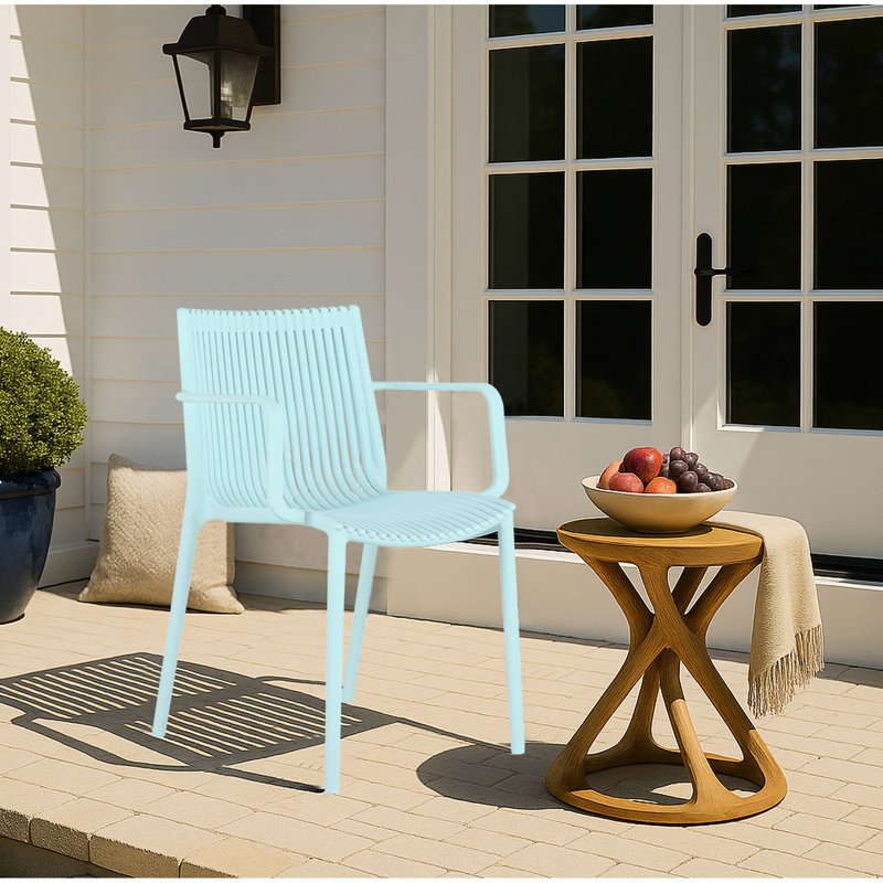 Fauteuils empilables modernes en plastique bleu, fabrication en PP toutes saisons, dossier à lattes, assemblage, convenant au jardin et au balcon, 4 pièces de couleur bleue ergonomique, capacité de charge élevée, espace, patio