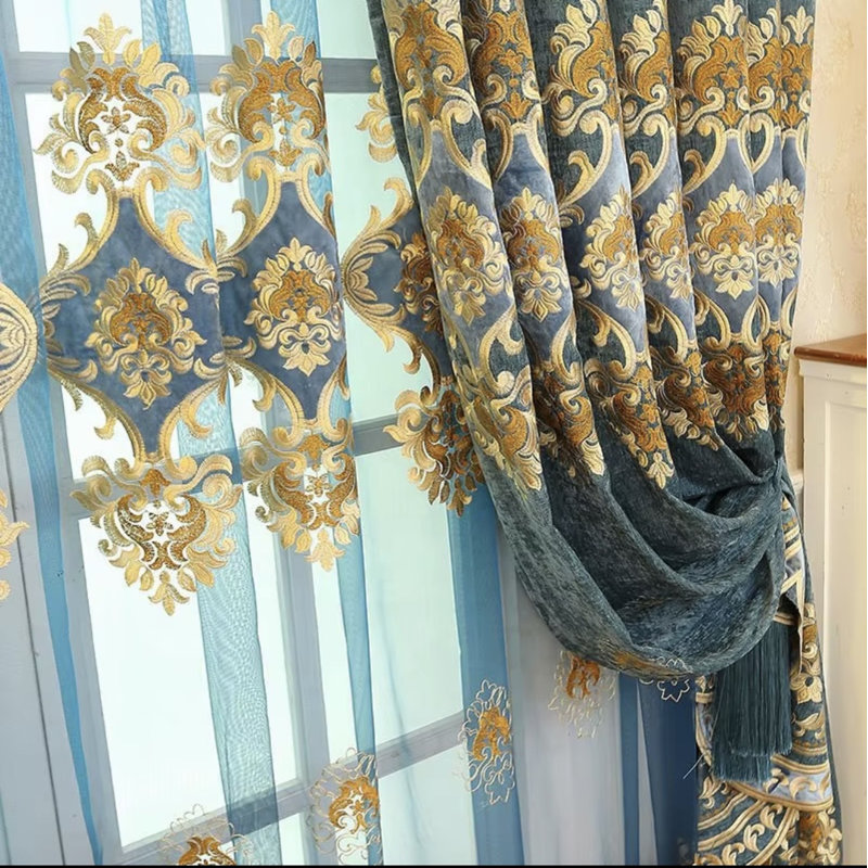 Ensemble de rideaux 3 pièces en chenille de luxe de style européen avec panneau transparent