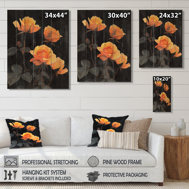 Midnight Vintage Rose Flowers Elegance II - Roses Wood Wall Art - On Natural Pine Wood, 40" H x 30" W x 0.78" D