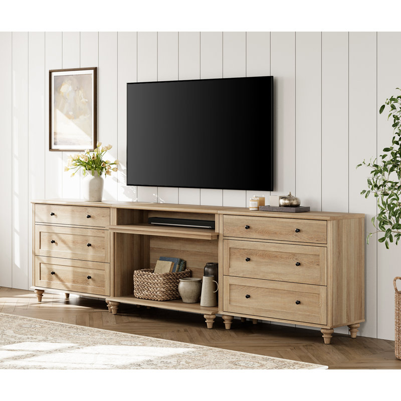 TV Stand For Tvs Up To 100'', Home Entertainment Center With 6 Drawers For 75/80/85/90 Inch TV, Oak Wood