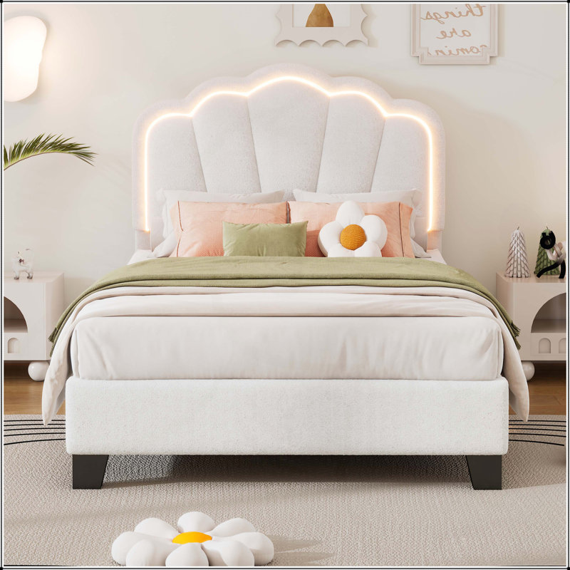 Lit plateforme tapissier exquis en forme de fleur avec lumières DEL et support confortable, Simple, Blanc
