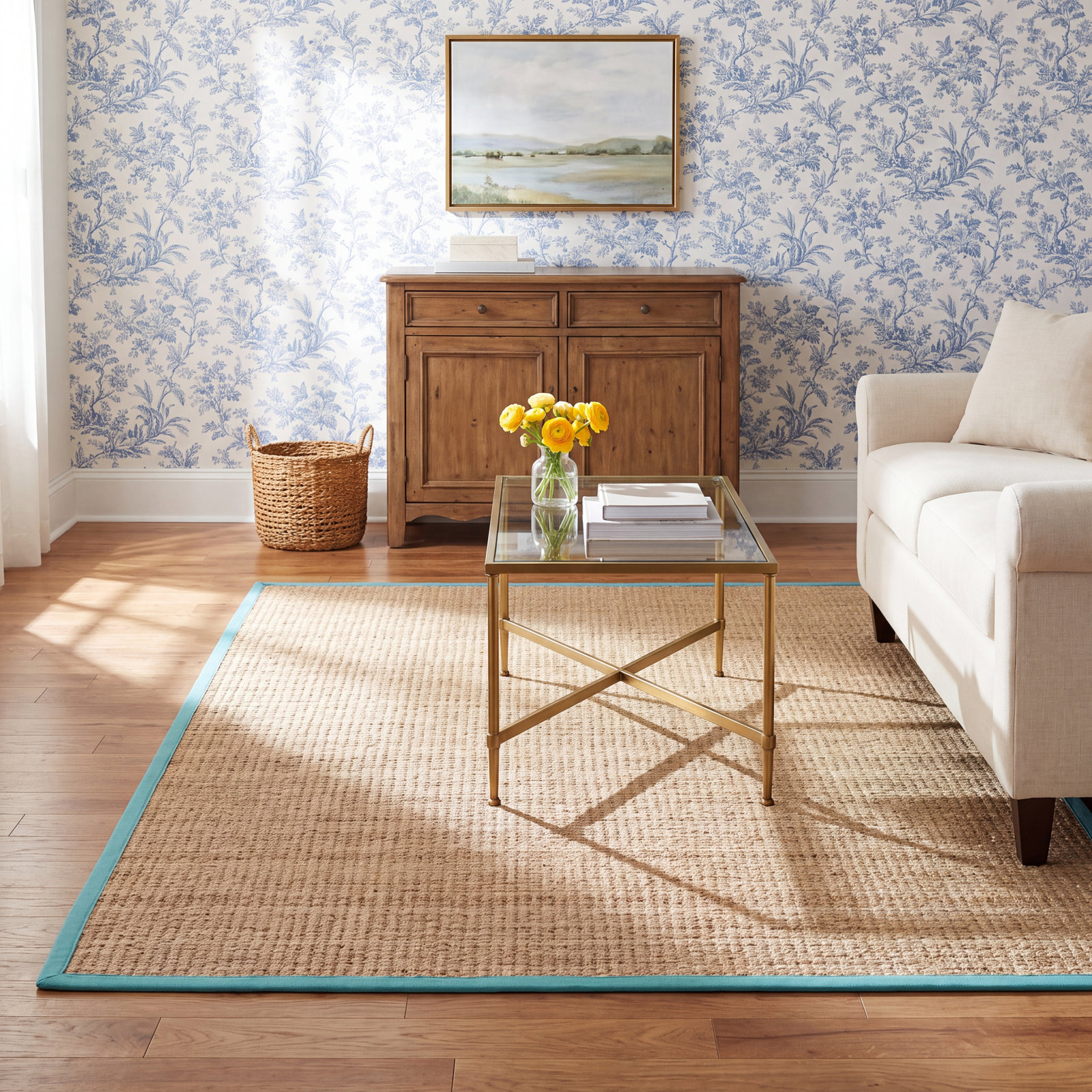 Natural Teal Bamboo Seagrass Rug, Rectangle 8' x 10'