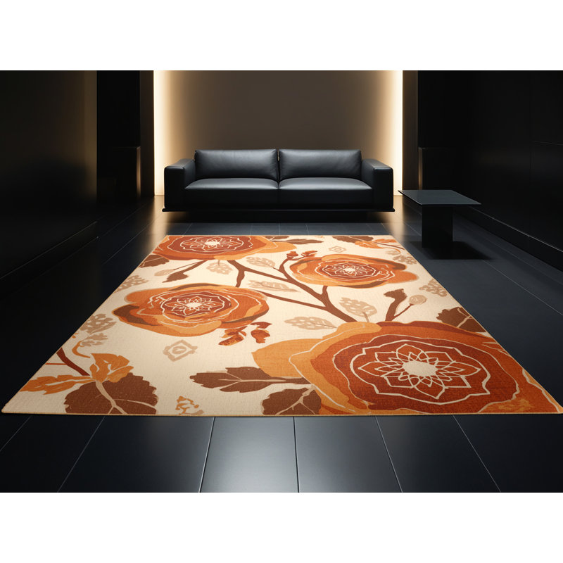 Machine Washable Ottwell Wild Rose Bohemian Moroccan Rug in Brown – LightBrown Binding, 8x12