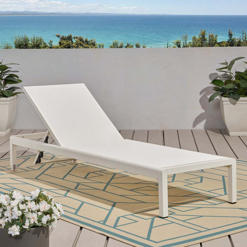 Outdoor Chaise Lounge with 5-Level Adjustable,Durable Aluminum Frame & PVC-coated polyester Mesh, White