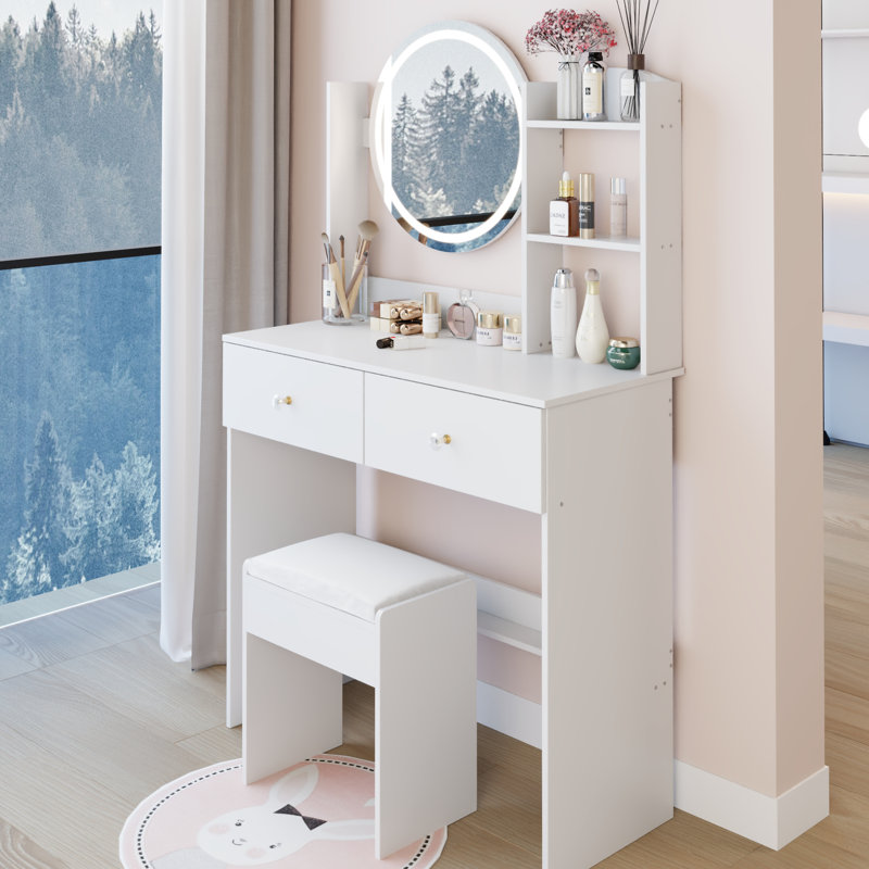 Vanity Table, 17" Round Led Mirror, 3 - Color Lighting System, Soft Stool, Large High Capacity Storage, Small Rooms, American Design, White Touch Controlled Lighting, Cushioned Areas, Style,