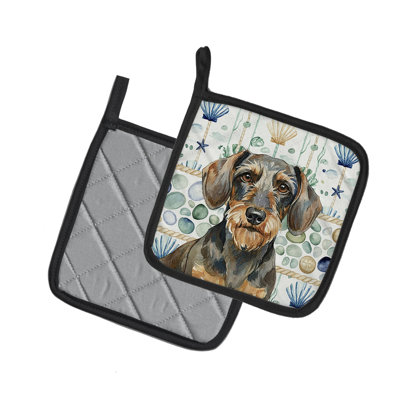 Wirehaired Wild Boar Dachshund Coastal Sea Glass Pair of Pot Holders
