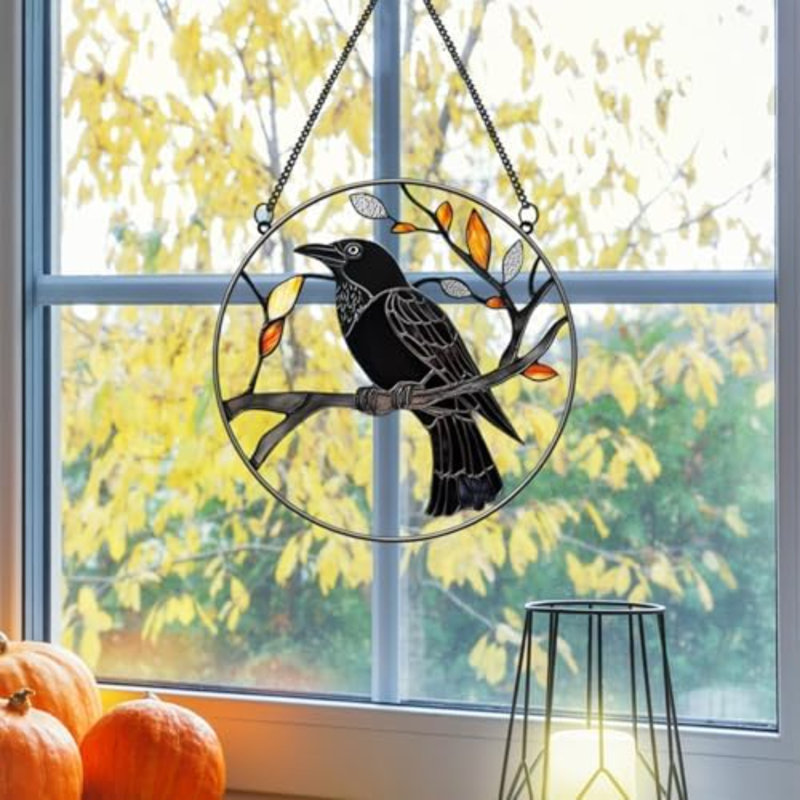 Corbeille de fenêtre en métal teinté corbeau, décorations de corbeau pour Halloween, attrape-soleil d'oiseaux pour fenêtres, balcons, cours, murs