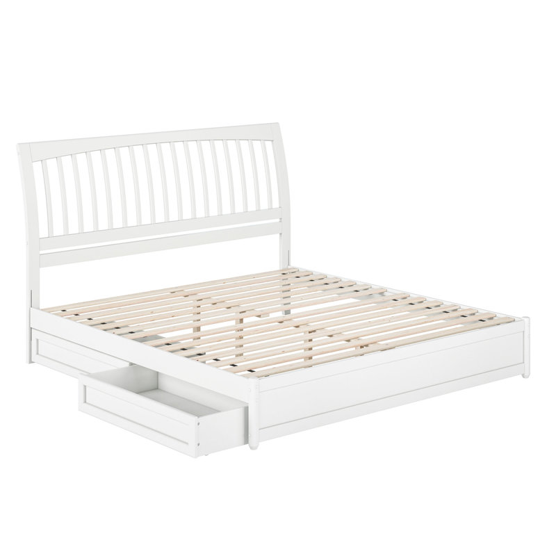 Lit plateforme Imarion avec pied de lit à panneau et tiroirs de rangement, Blanc, Très grand