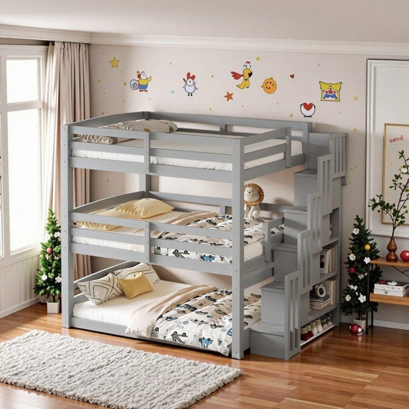 Full Size Triple Bunk Bed With Storage Staircase Separable Design Pine & MDF Construction, Full over Full over Full, Gray
