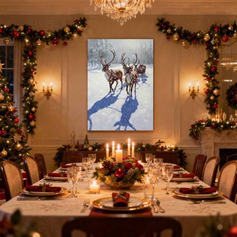 Renne de Noël tirant un traîneau dans une forêt enneigée, ensemble de 3 impressions sur toile, H 24 po x l 16 po