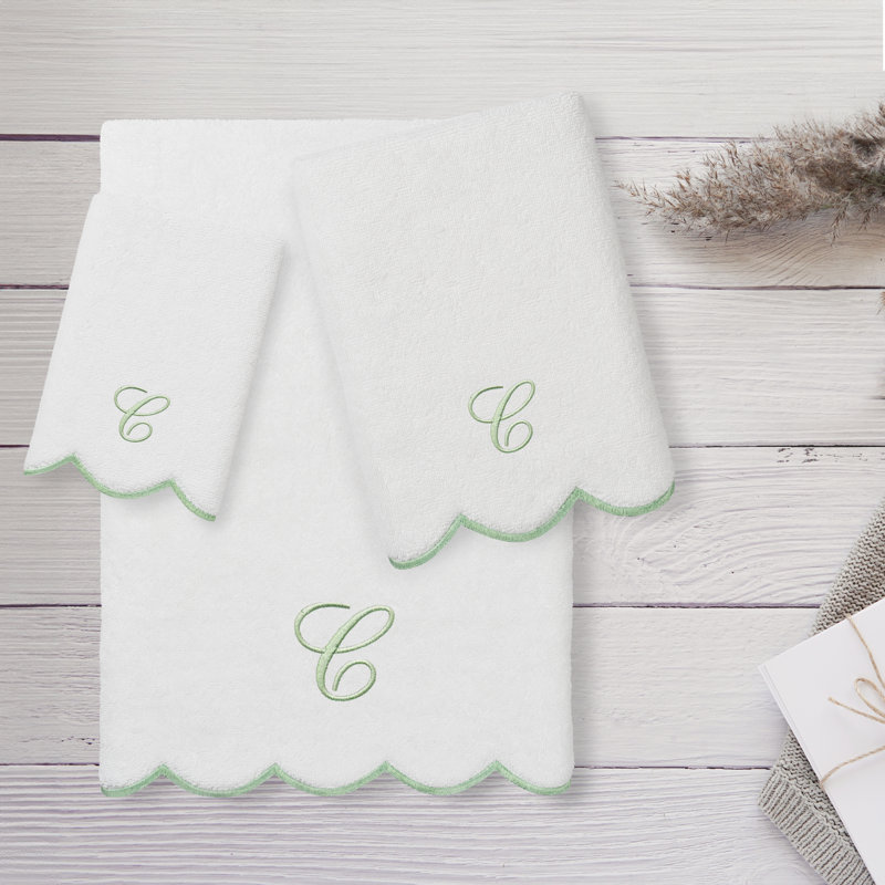  Ensemble de serviettes personnalisées 100% coton ADORNIA, C, Blanc/vert, Ensemble 3 serviettes de bain