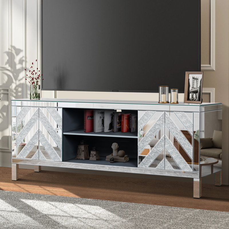 Meuble télé en miroir pour téléviseur de 65 pouces avec rangement ouvert et deux armoires