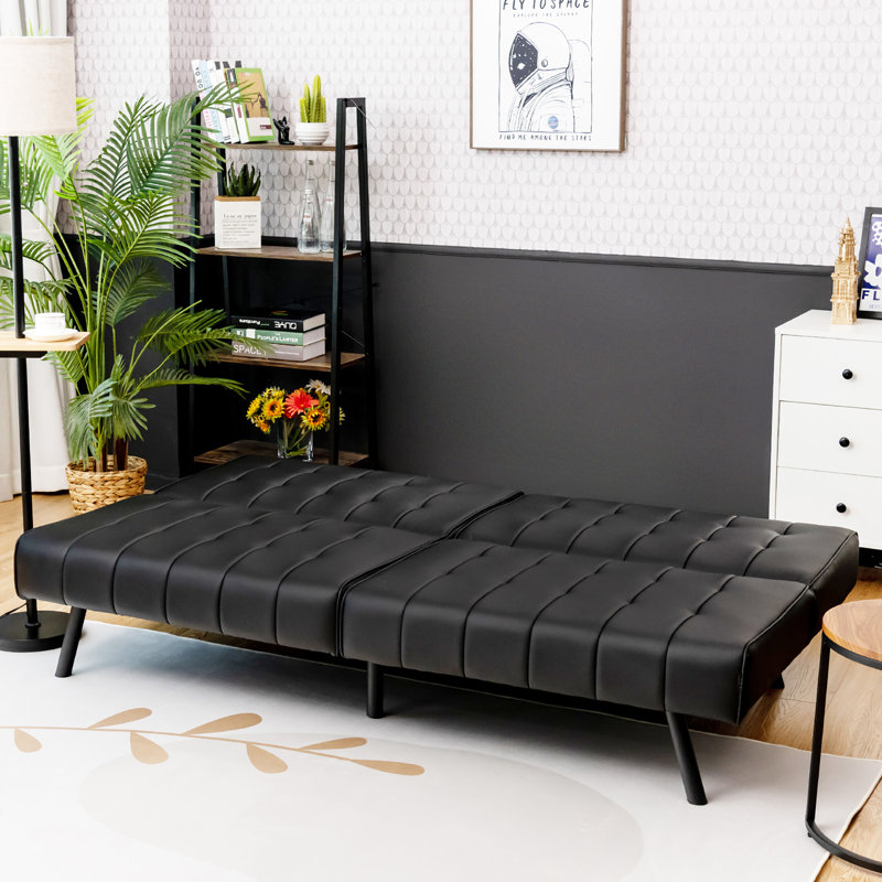 Camisha Twin 70'' Faux Leather Convertible Sofa, Black Faux Leather