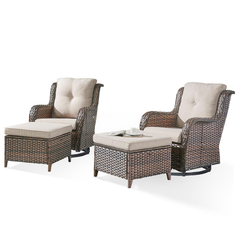 Carolina 4 Piece Swivel Chairs Seating Group With Cushions And Ottoman, Beige, Brown