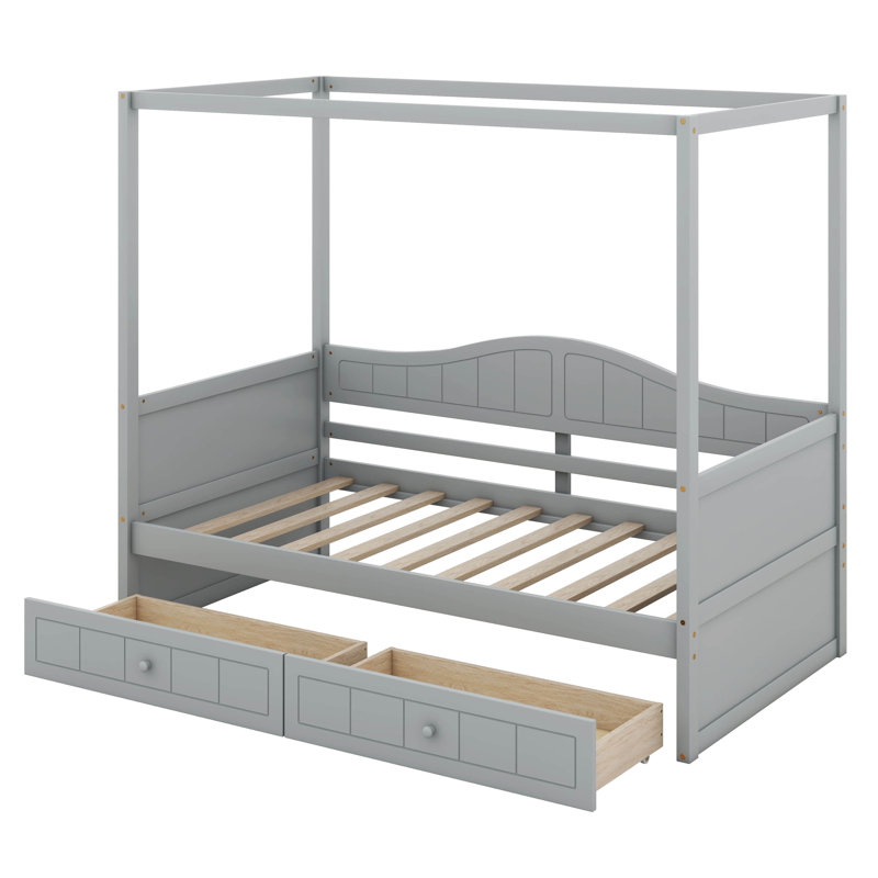 Lit à baldaquin simple, structure de lit de jour avec 2 tiroirs et support en lattes de bois pour les adultes, Gris