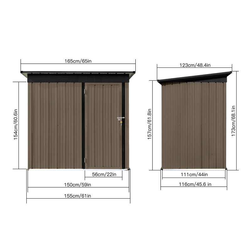 Remises de jardin extérieures en métal avec fenêtre, H 60,6 po x l 65 po x P 44 po, Brun