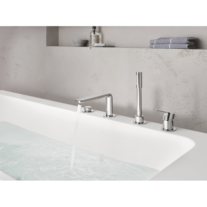 Lineare™ Double Handle Deck Mounted Roman Tub Faucet with Diverter and Handshower, Brushed Cool Sunrise