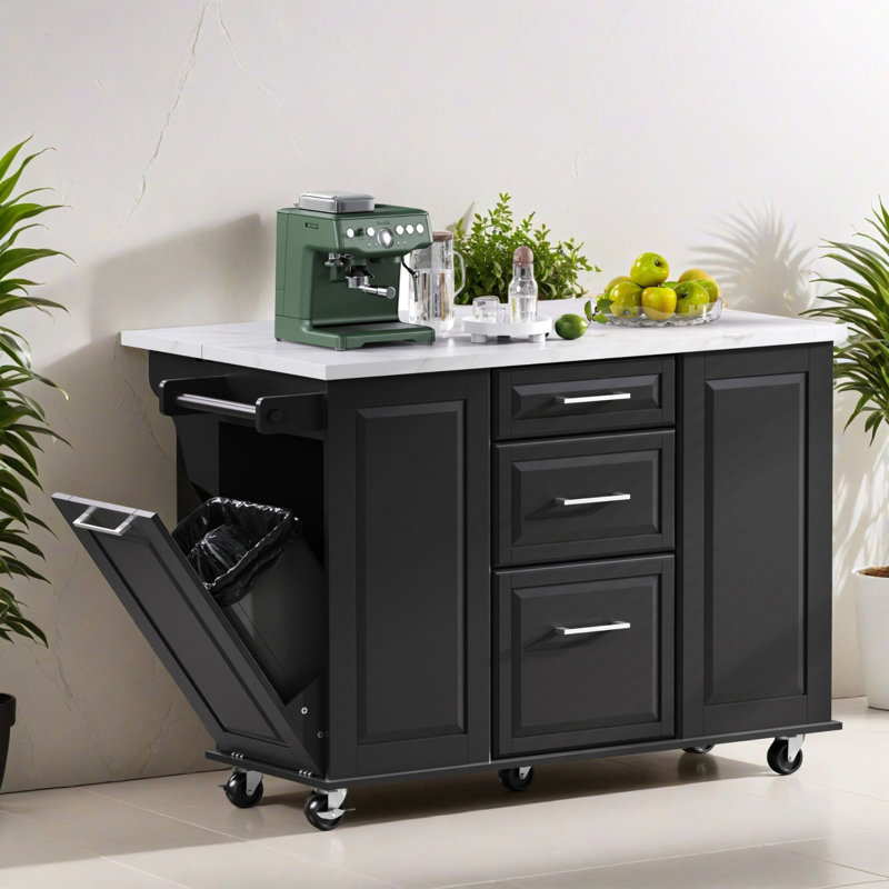 Îlot de cuisine 50,72 po avec rangement pour armoire à ordures basculante et organisateur à tiroirs, chariot de cuisine roulant pour la cuisine, la salle à manger