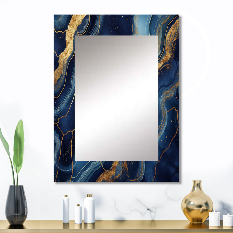 Bleu et or abstrait marbre Mirage IV - miroir mural en marbre, miroir décoratif moderne, impression d'art en métal