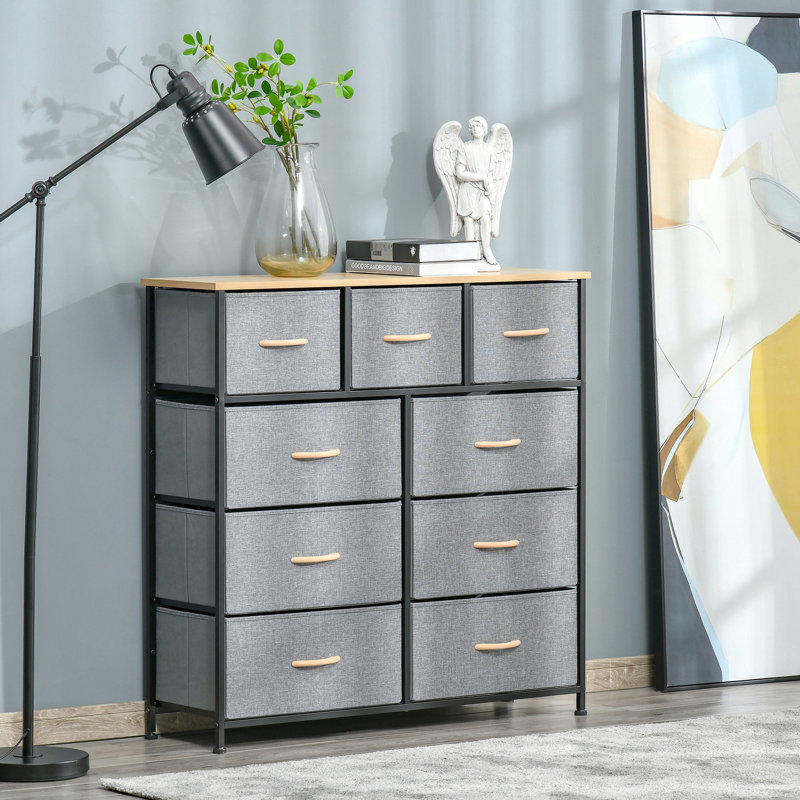 Commode de rangement 9 tiroirs pour chambre à coucher: commode chêne et gris. Spacieux, pliable, stable avec structure en acier et tiroirs de commode à surface en bois: pour la chambre à coucher. Vaste espace, fabrication sécuritaire