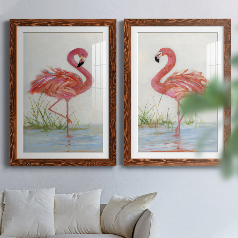Flamingo I - ensemble de 2 peintures, H 24 po x l 36 po, Papier dans un cadre photo, Érable