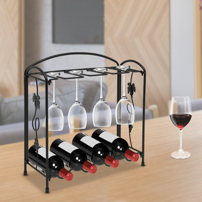 2 Tier Wine Rack Freestanding Countertop Wine Bottle Rack For 4 Bottles, 8 Goblets