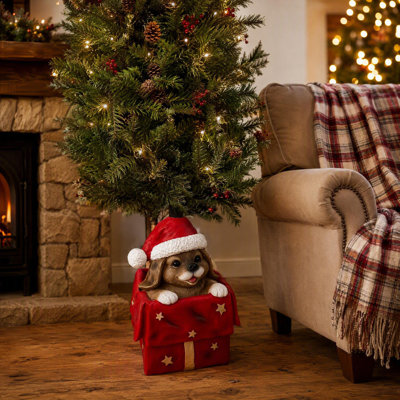 Christmas Tree Stand, Cute Puppy in Red Gift Box Magnesia Christmas Tree Base, Decorative Tree Holder for Indoor Holiday Christmas Decor, 44.5cm H x 28.5cm W