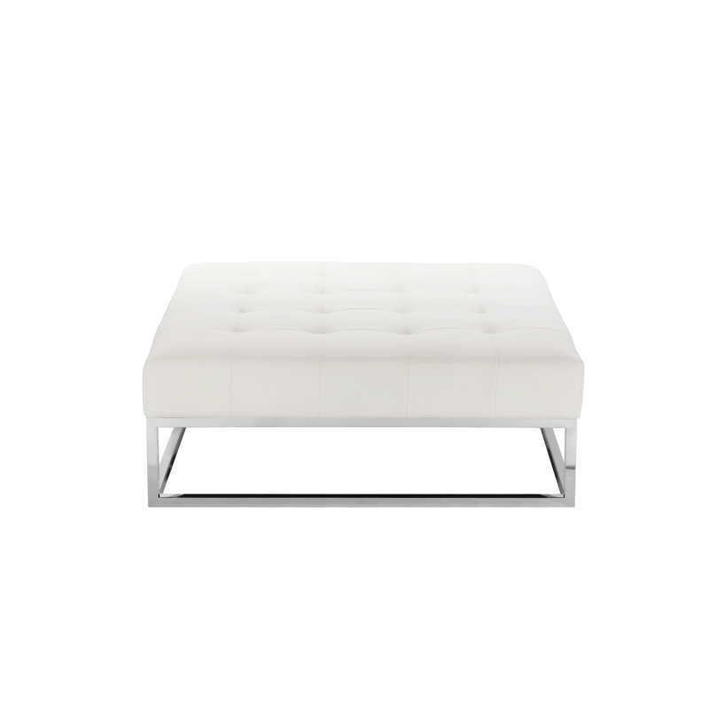 Lusso Upholstered Ottoman, White Faux Leather, Gold