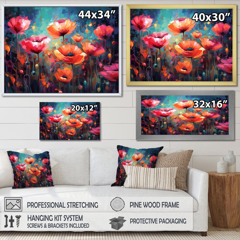 Pêche vibrante et rêves de coquelicots roses, Cadre simple argenté, H 24 po x l 32 po x P 1 po