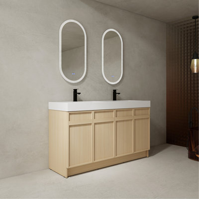 60" Freestanding Bathroom Vanity with White Double Sink & 4 Soft-Close Cabinet Doors