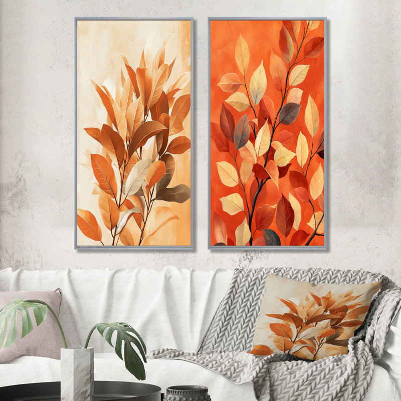 «Terracotta Leaves Layers Of Forest I», art mural floral 2 pièces, H 40 po x l 41 po, Encadrement argenté