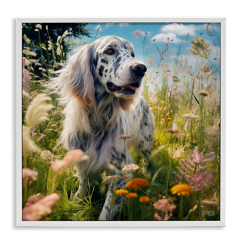 Joyeux chien parmi les fleurs, estampe numérique par Roozbeh Bahramali, Estampe numérique encadrée blanc bord de mer