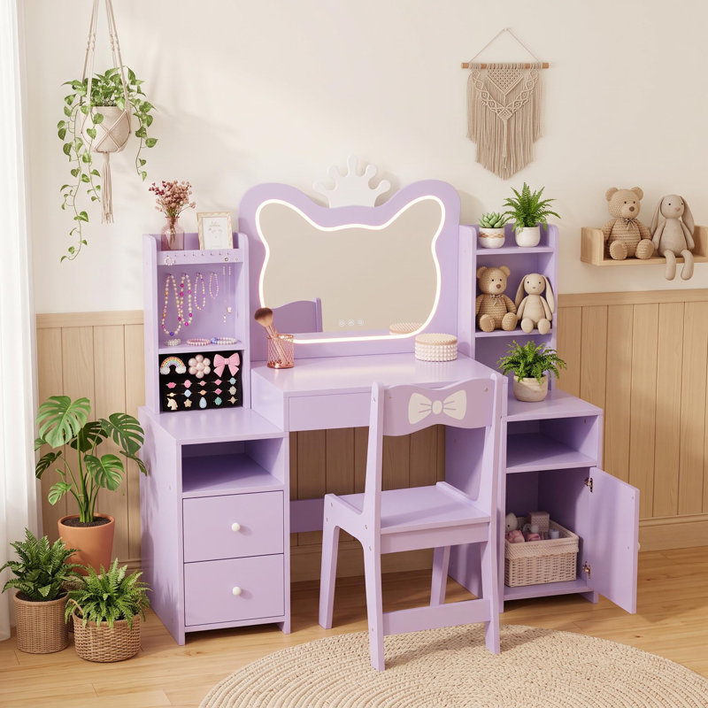 Ensemble de coiffeuse blanche pour enfants avec miroir chat et chaise, coiffeuse princesse et rangement pour filles de 3 à 12 ans, violet