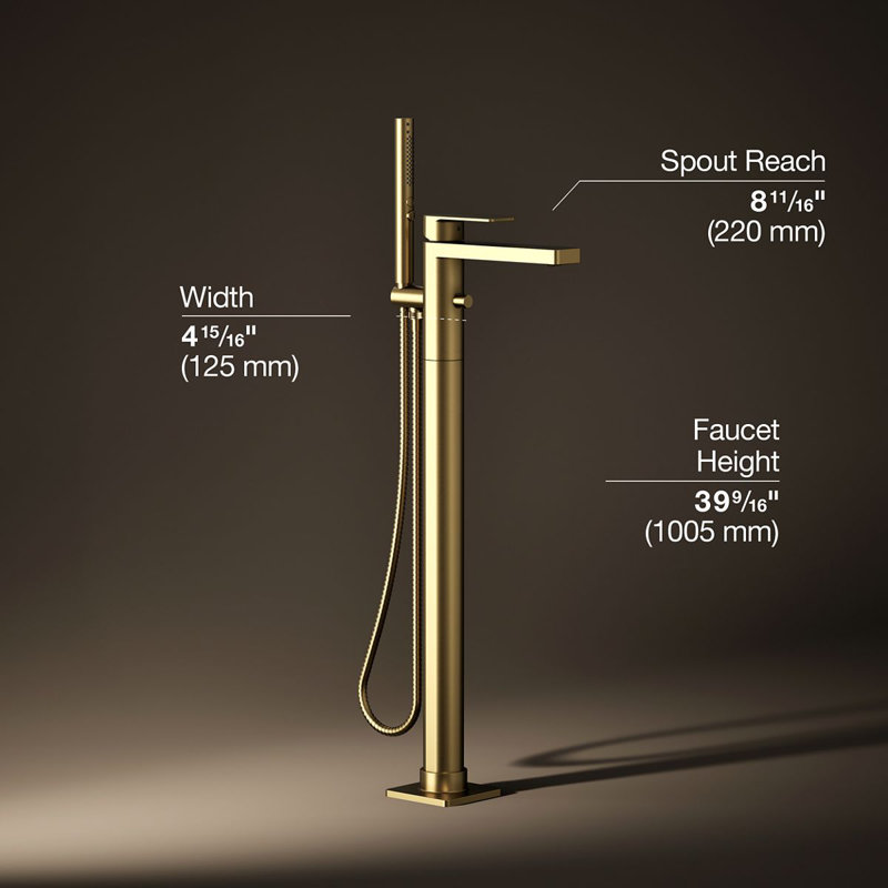 Parallel Floor-Mount Bath Filler Trim With Handshower, Vibrant Brushed Moderne Brass