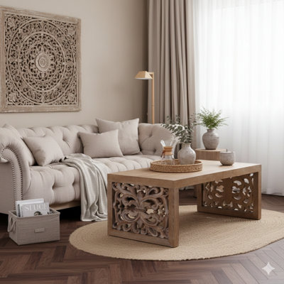47.2" Centre Table With A Handcrafted, Carved Wood Appearance, Ornate Side Panels, And A Natural Finish.
