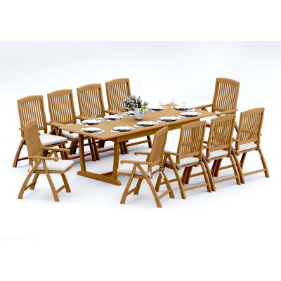 9 Pcs Grade-A Teak Wood Dining Set: 94" Double Extension Mas Rectangle Trestle Leg  Table And 8 Marley Folding Reclining Arm Chairs #11MR2108
