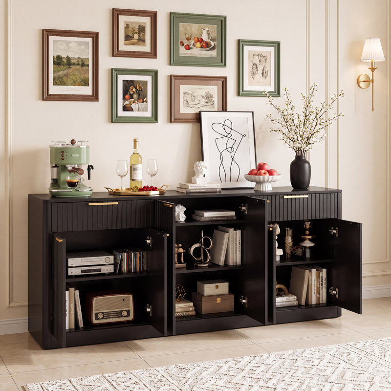 Buffet cannelé l 67 po avec 6 portes et 2 tiroirs, Noir
