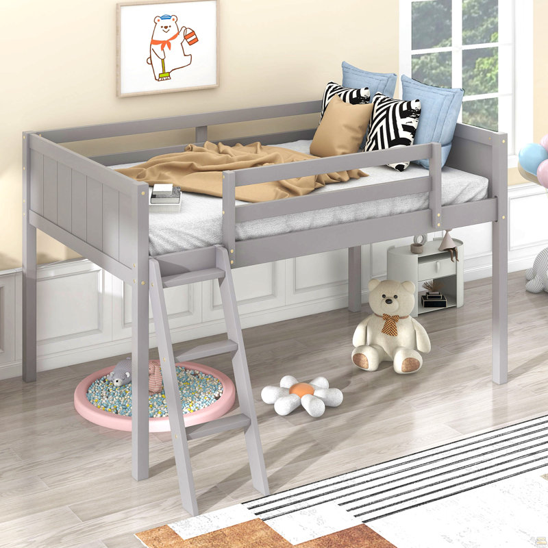 Lit mezzanine bas simple en bois avec échelle, Lit simple, Gris