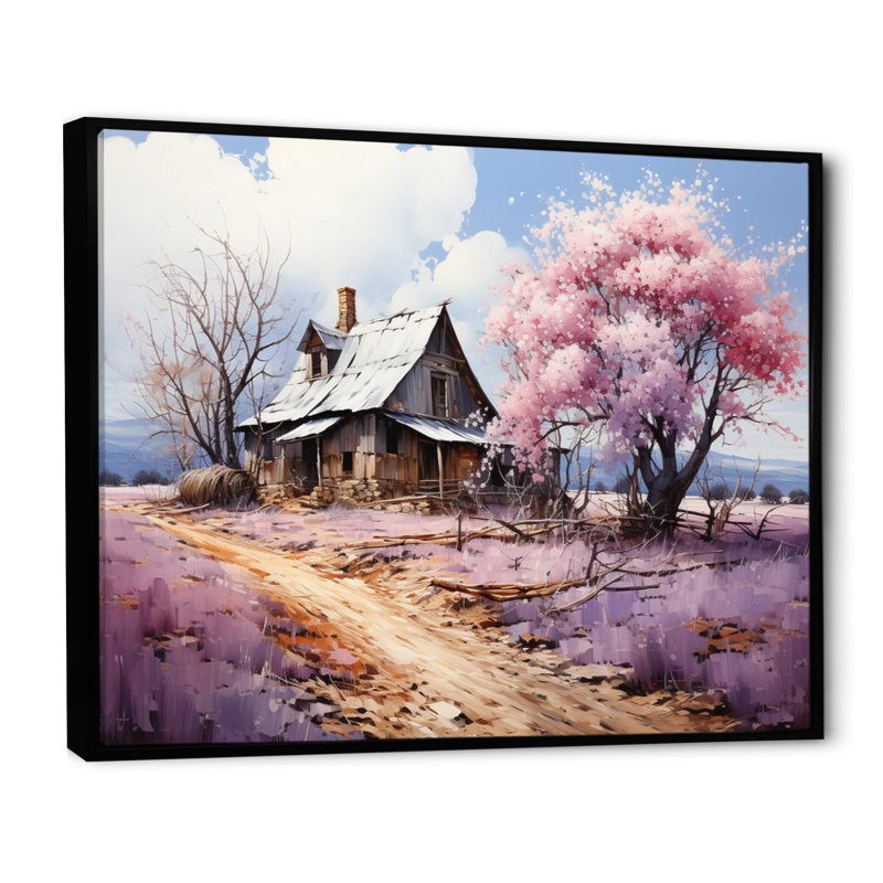 Grange au printemps III - décoration murale maison de campagne, H 24 po x l 32 po x P 1 po, Cadre flottant noir