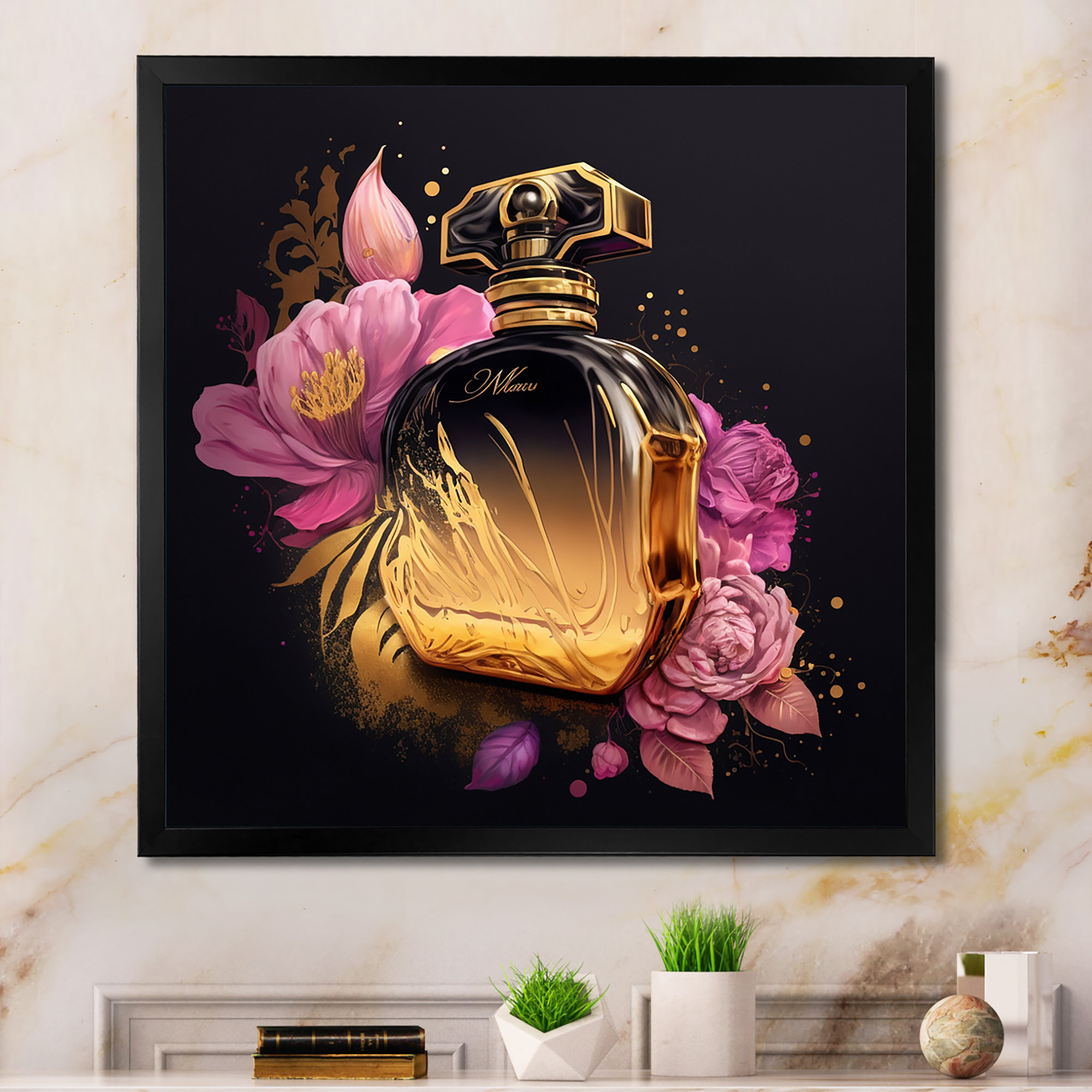 Chic Black and Gold Perfume Bottle V - Graphic Art on Canvas House of Hampton Format: Gold Floater Framed, Size: 36 H x 36 W x 1.5 D