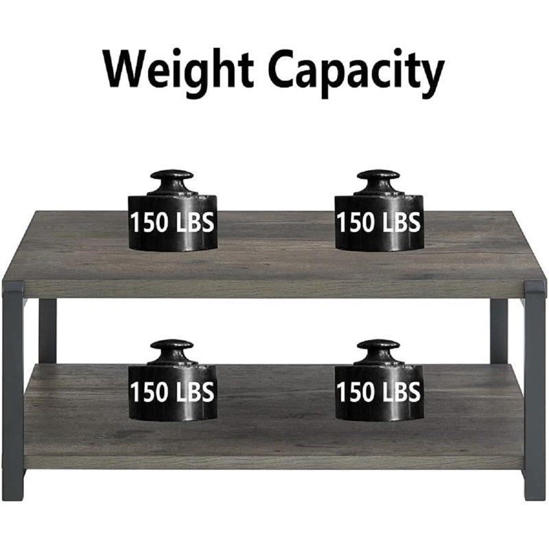 Rustic Grey Wood and Black Metal Coffee Table with Storage Shelves