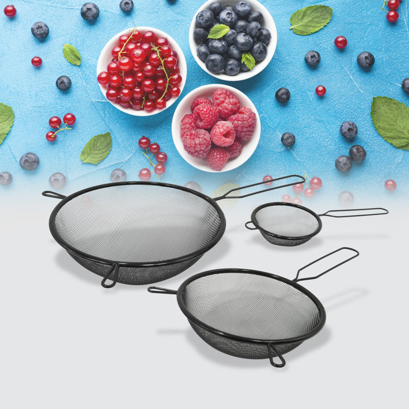 Set of 3 Black Stainless Steel Strainers with Stay Cool Handle