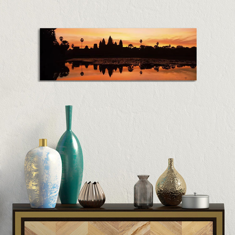 Silhouette Of A Temple, Angkor Wat, Angkor, Cambodia by Panoramic Images - Wrapped Canvas Panoramic Print