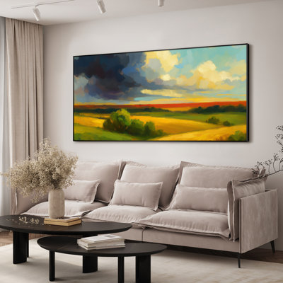Très grande reproduction d'art sur toile - Ciel orageux au-dessus des champs, coucher de soleil vibrant, décor de ferme pour le salon ou la chambre à coucher - «Assemblage requis du cadre (cadre non fini)»